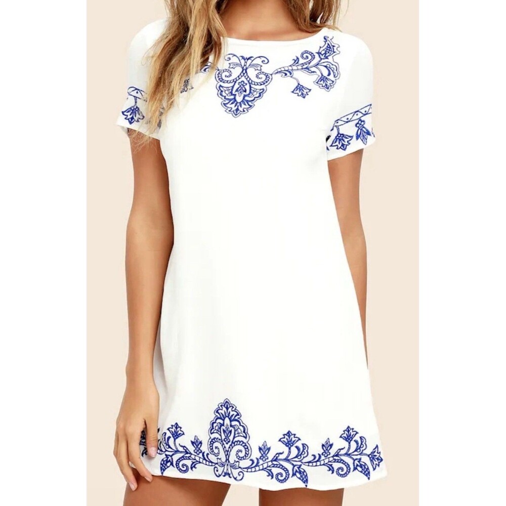 Lulus Shift Mini Dress Size S Embroidered Boho Coastal Resort Mediterranean